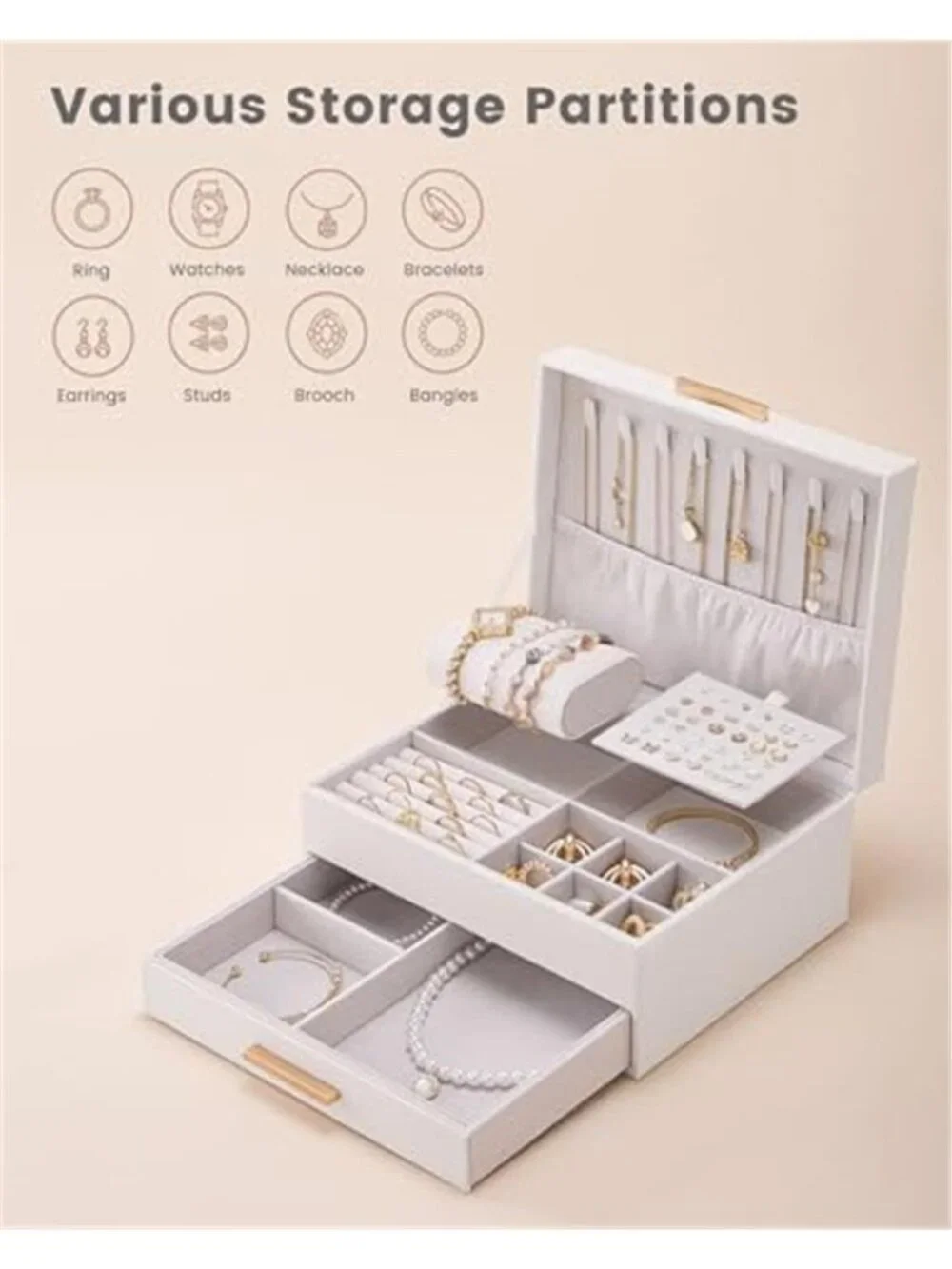 2-Layer Jewelry Box Organizer Holder for Women -Beige